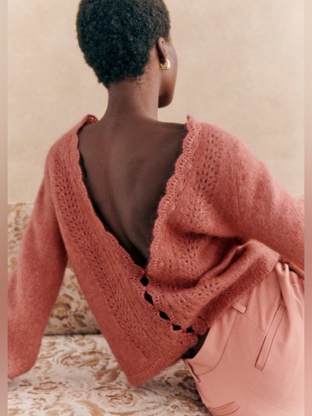 Sézane Open-Back Mohair-Blend Sweater in Dusty Rose